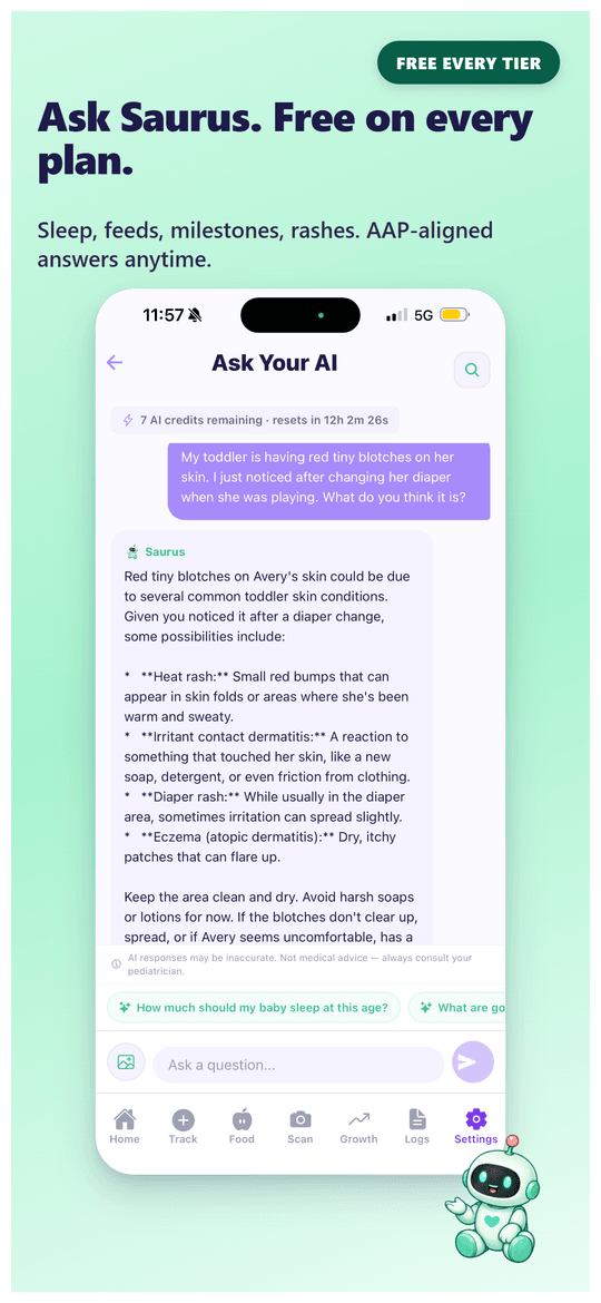 Saurus AI chat answering a parent question about teething