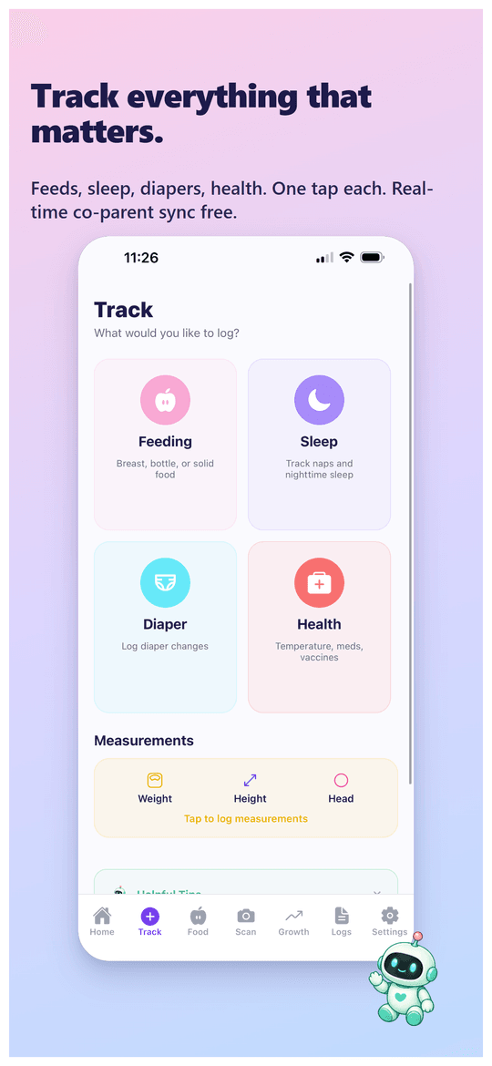 Quick-track screen with shortcuts for feeding, diaper, sleep, and food